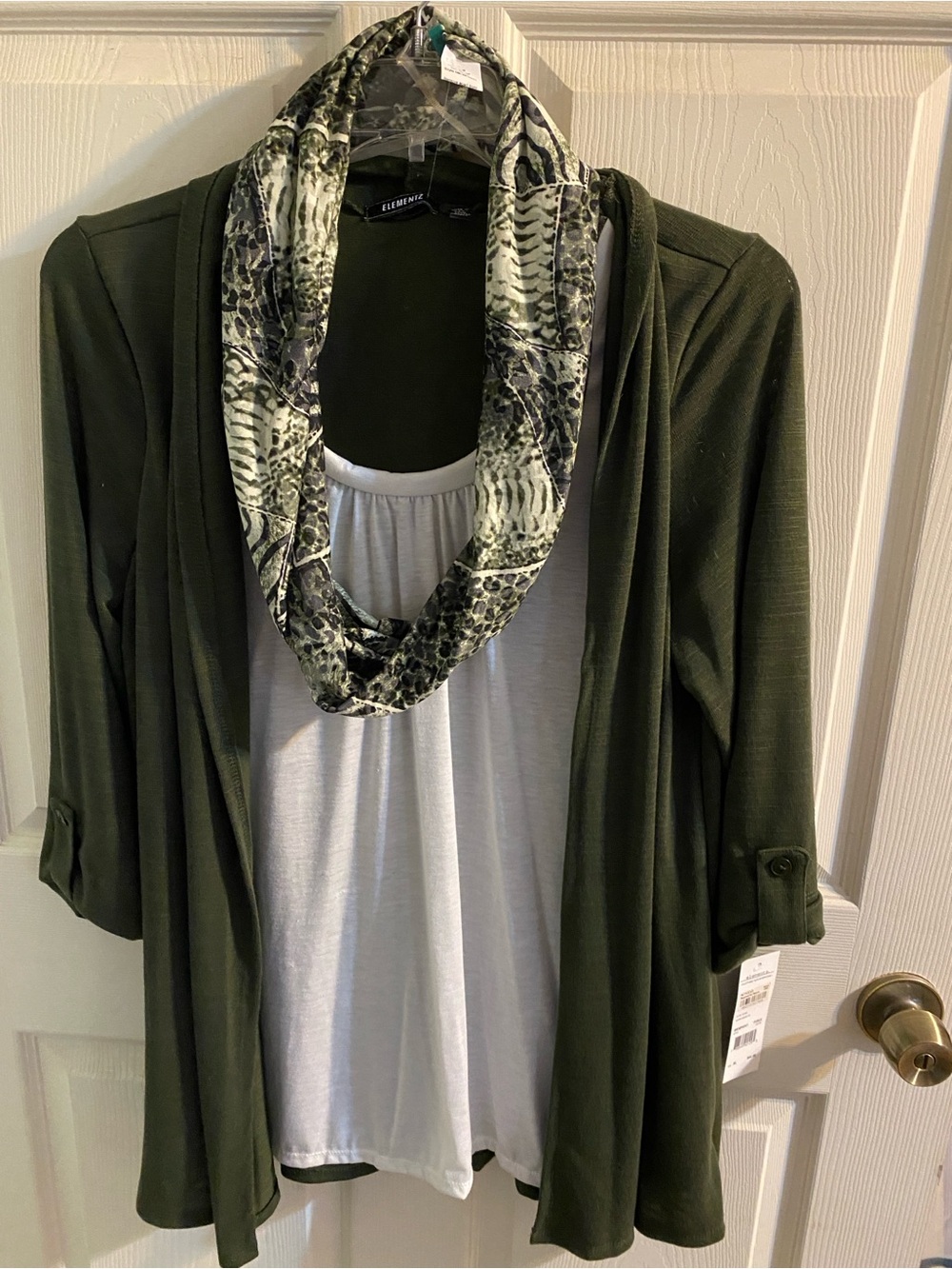Ellementz Olive Green Open Cardigan with Attached White Tank & Patterned Scarf